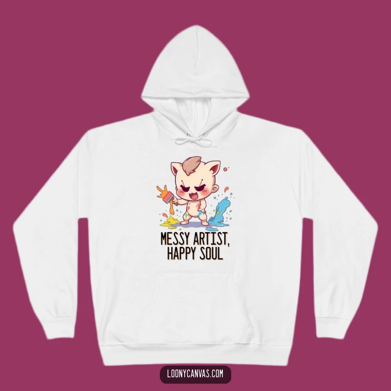 Funny Art Studio Hoodie: Mischievous Painter Character Splatter Comfort Gift
