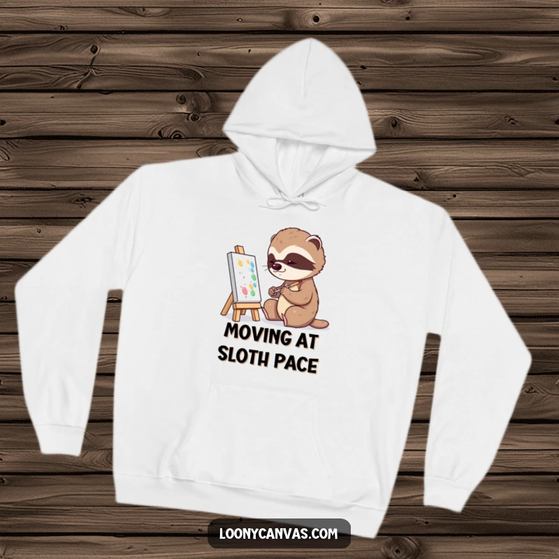 Funny playful sloth character slowly dabbing paint onto a tiny canvas, featured on a cozy hoodie.