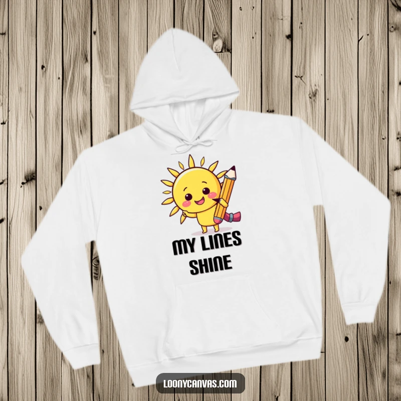 Funny kawaii cheerful pencil sketching a smiling sun on a cozy hoodie, a humorous and artistic gift.