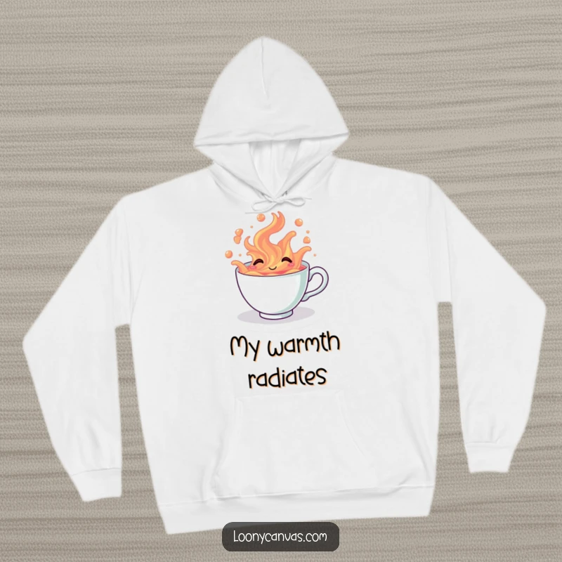 Funny kawaii giggling teacup overflowing with colorful tea on a cozy hoodie, a humorous and warm gift.