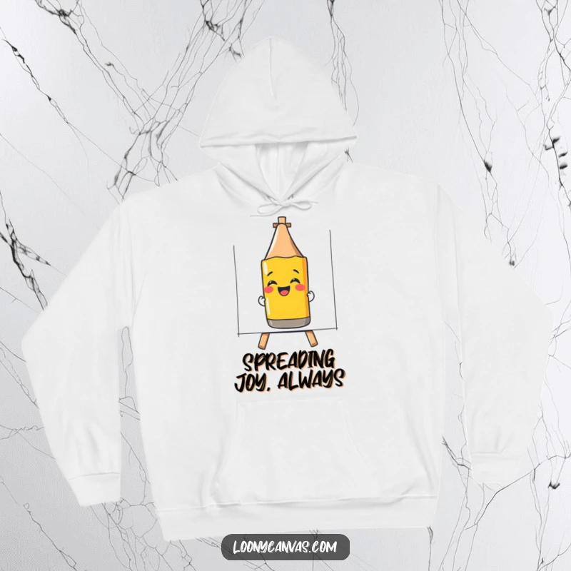 Funny hoodie displaying a giggling crayon drawing a happy smiley face, perfect for cozy artistic sessions.