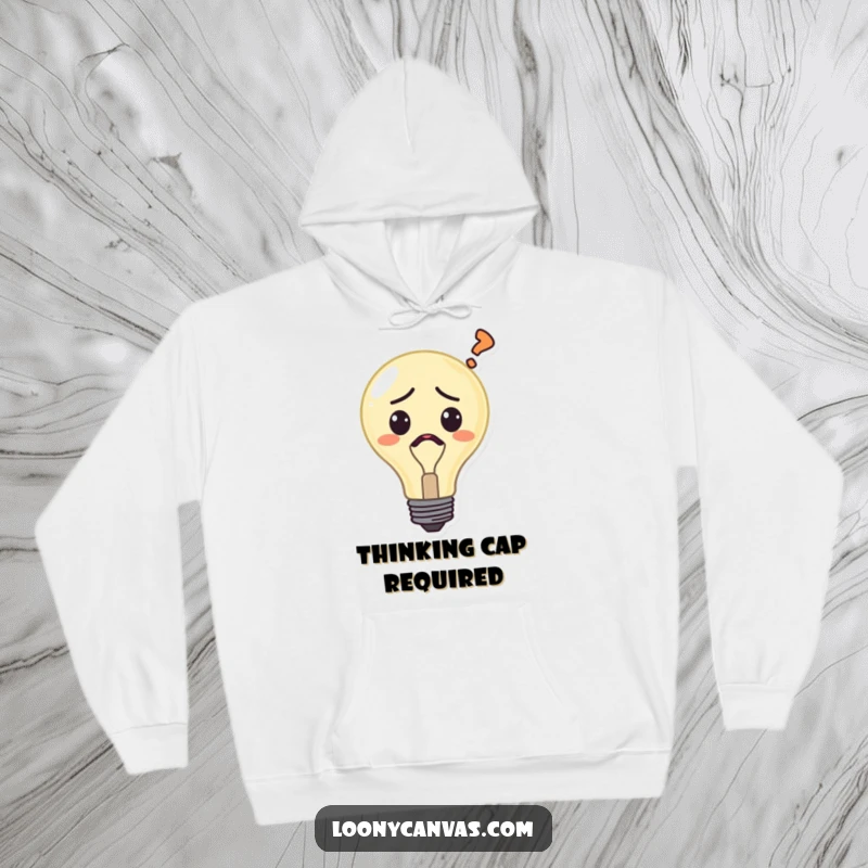 Funny confused lightbulb hoodie, a character struggling to find an idea, depicted with a question mark, ideal for cozy contemplation.