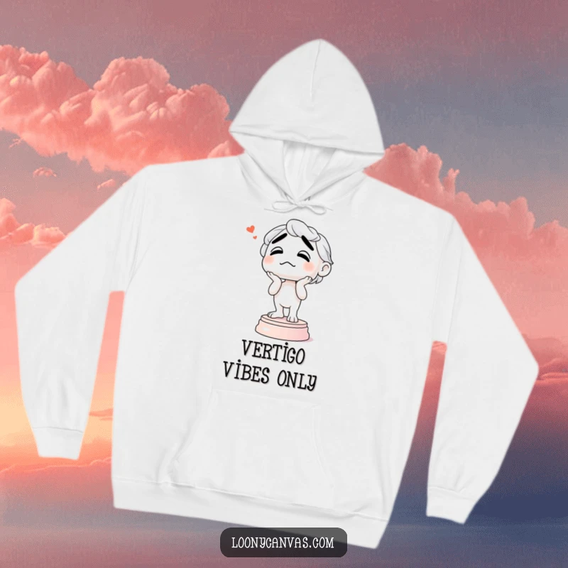 Funny hoodie featuring a confused sculpture teetering precariously on its base, a humorous and cozy piece of wearable art.