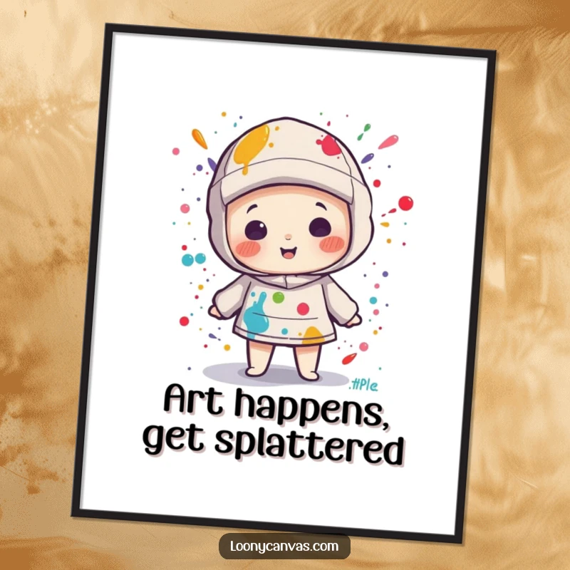 Funny Free Printable Wall Art: Kawaii canvas character playfully splattered with paint, adding vibrant, downloadable artistic humor.