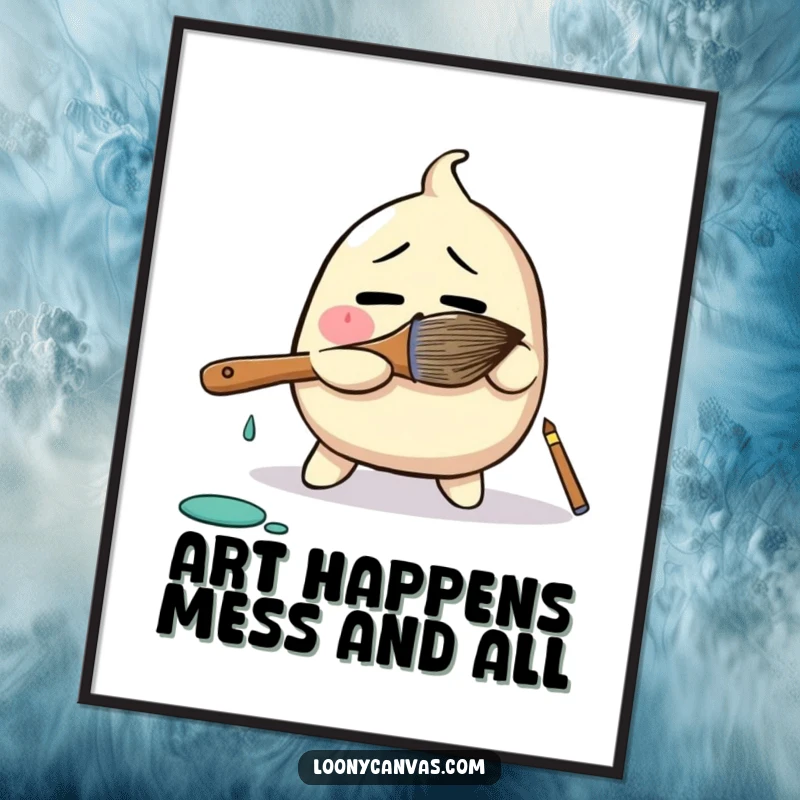 Funny free printable wall art depicting a bewildered blob character comically wrestling with a giant paintbrush.