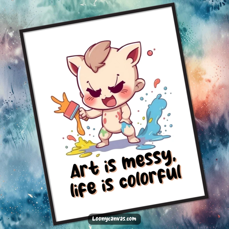 Funny Free Printable Wall Art: A mischievous character playfully splattering colorful paint, creating energetic and humorous decor.