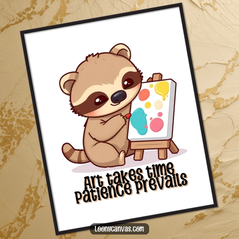 Funny Free Printable Wall Art: A cute sloth slowly dabs paint onto a tiny canvas, creating art.