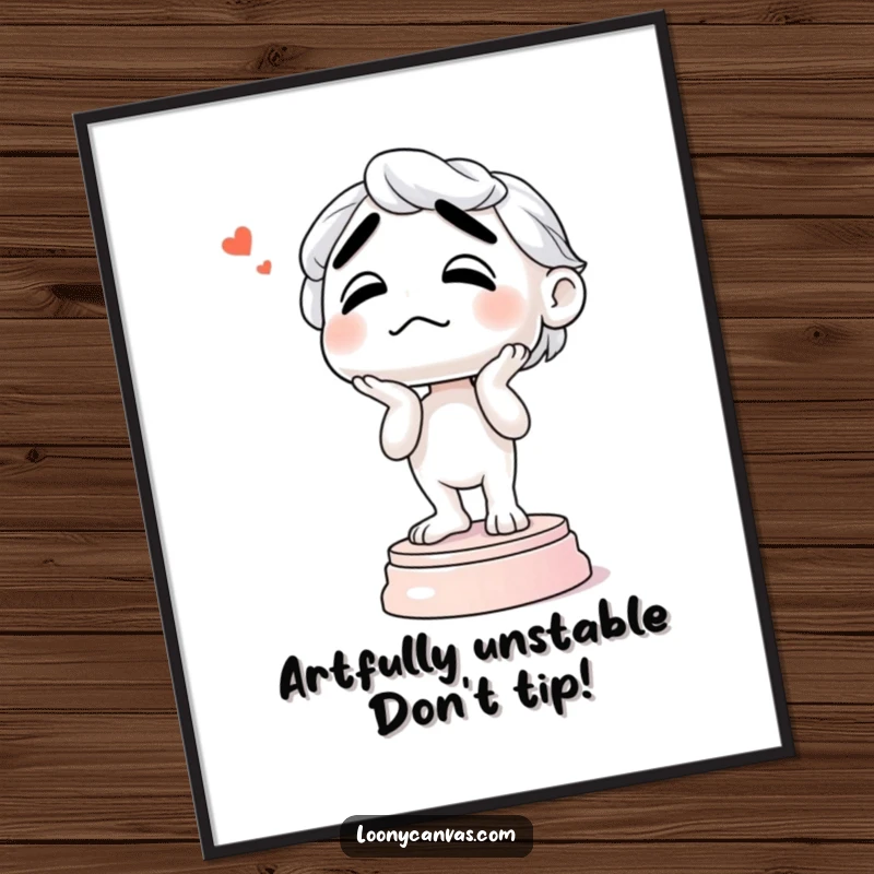 Funny free printable wall art of a confused sculpture wobbling precariously on its base, offering a moment of existential humor.