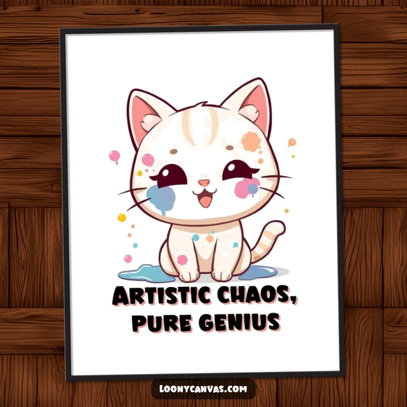 Funny Free Printable Wall Art: Energetic kawaii cat with paint all over its face, gleefully splattering paint.