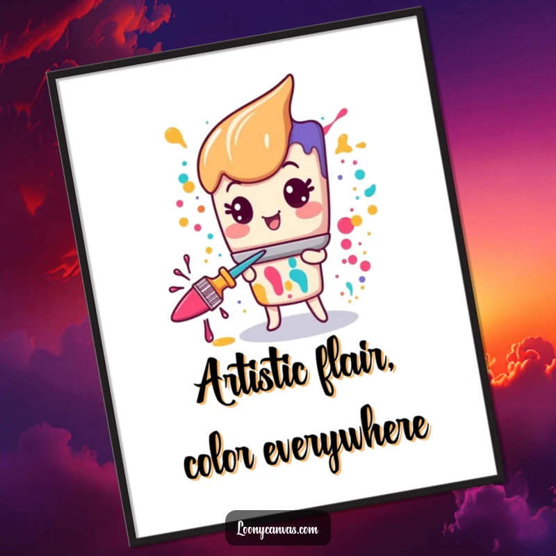 Funny Free Printable Paintbrush Wall Art: Kawaii paintbrush character in a frenzy, splattering vibrant paint with wild, gleeful energy.