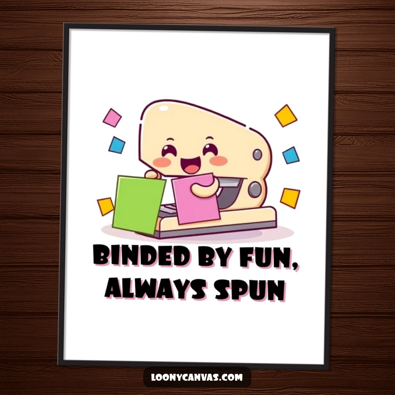 Funny Free Printable Stapler Wall Art: A cheerful stapler character actively and enthusiastically attaching colorful paper squares in a fun pattern.