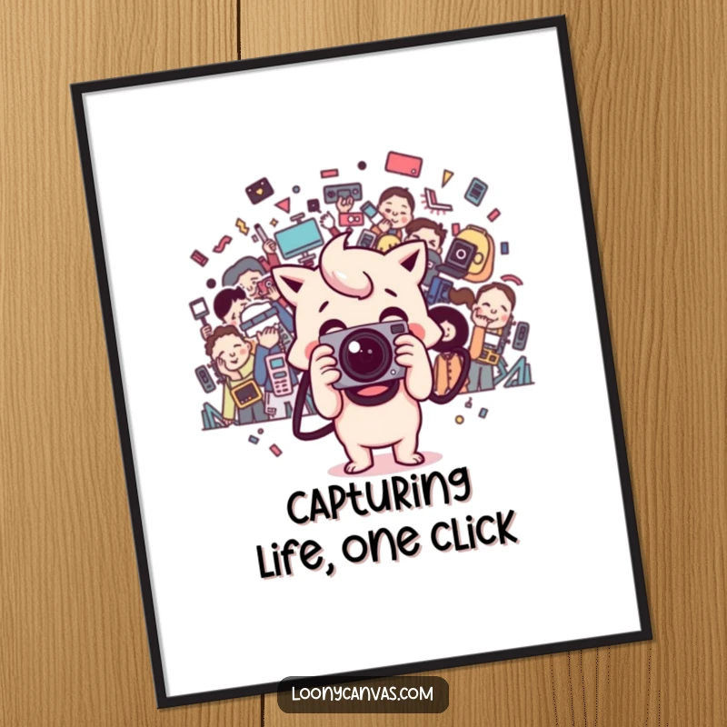 Funny Free Printable Wall Art: A happy Kawaii camera character happily snapping a chaotic photo, adding visual fun.