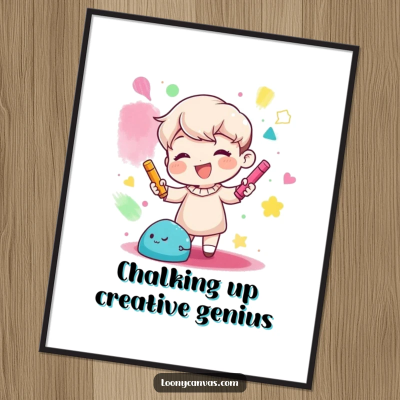 Funny Free Printable Wall Art: Gleeful character joyfully creating colorful abstract shapes with chalk, vibrant and whimsical art, downloadable decor.