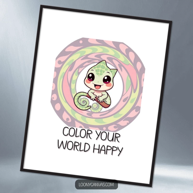 Funny Free Printable Wall Art of a joyful chameleon seamlessly blending into an abstract, swirling colorful pattern, a cool art piece.