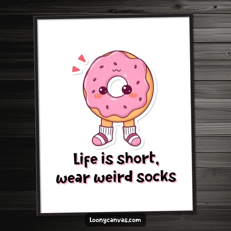 Funny Free Printable Wall Art: A bewildered donut character stands confused, sporting tiny socks that dont match.