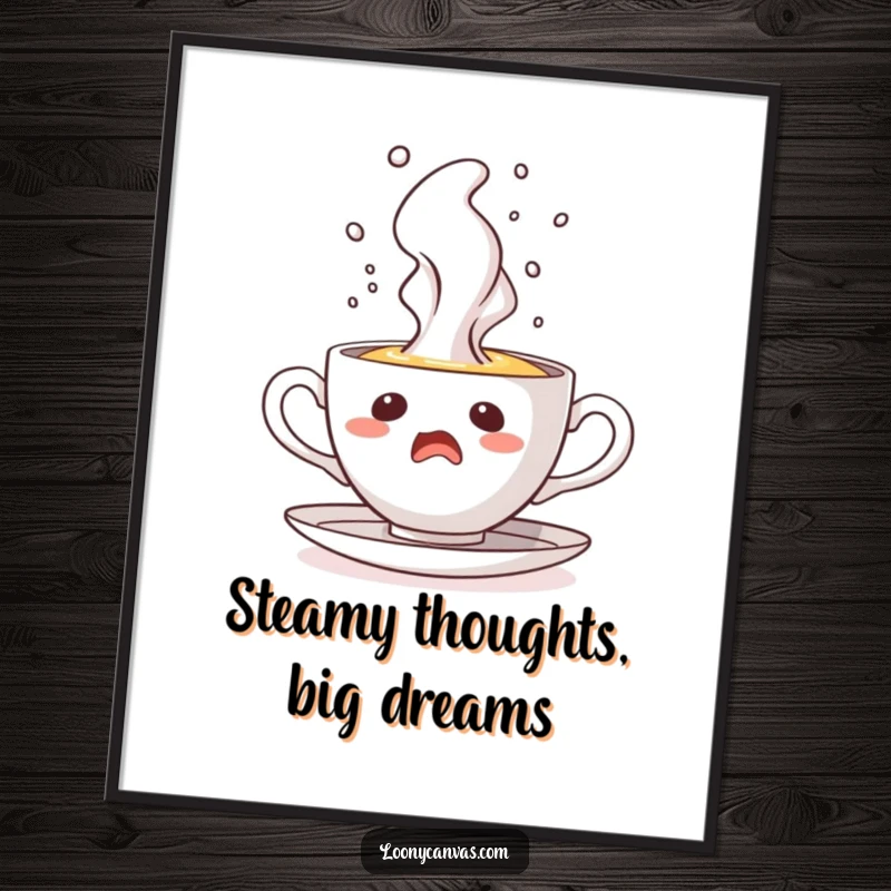 Funny Free Printable Wall Art: A startled teacup character erupts a geyser of steam, exuding chaotic, humorous energy.