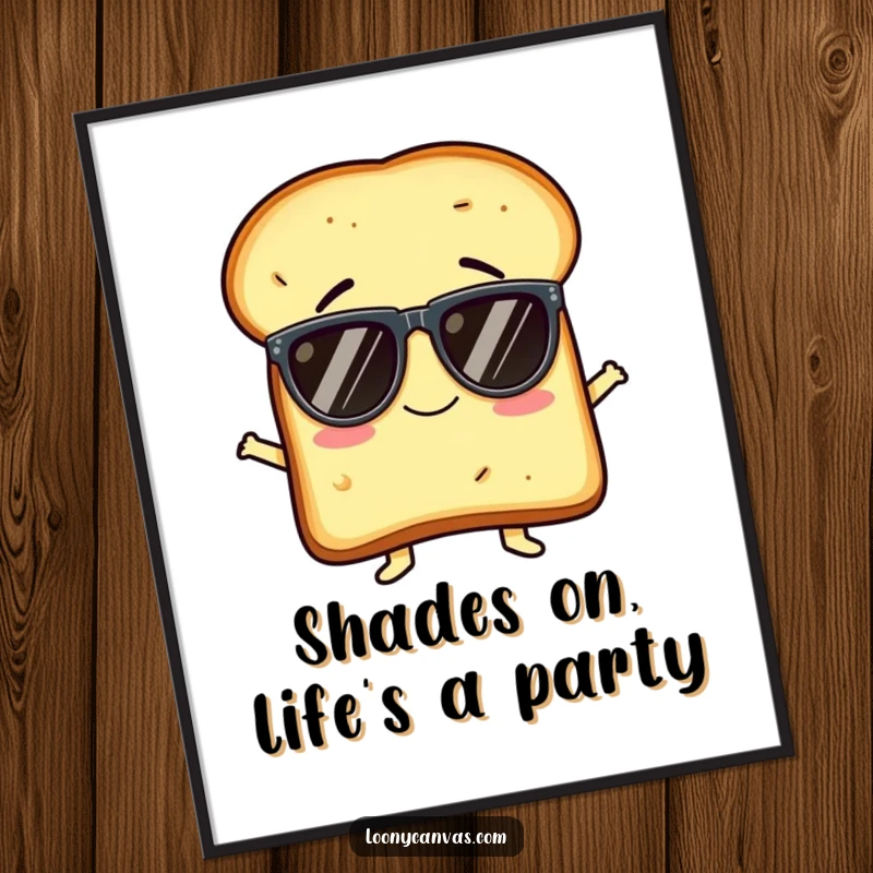 Funny Free Printable Wall Art: A joyful slice of toast with oversized sunglasses, giggling with infectious, humorous energy.