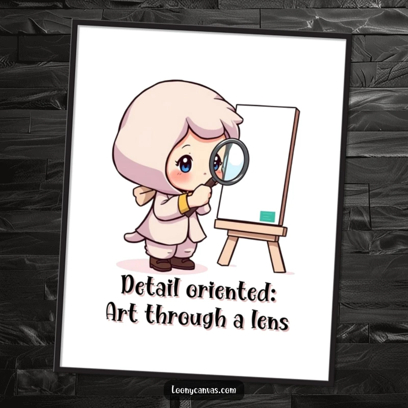 Funny Free Printable Wall Art: Curious character intensely examining a canvas with a magnifying glass, detailed observation, artistic exploration, downloadable.