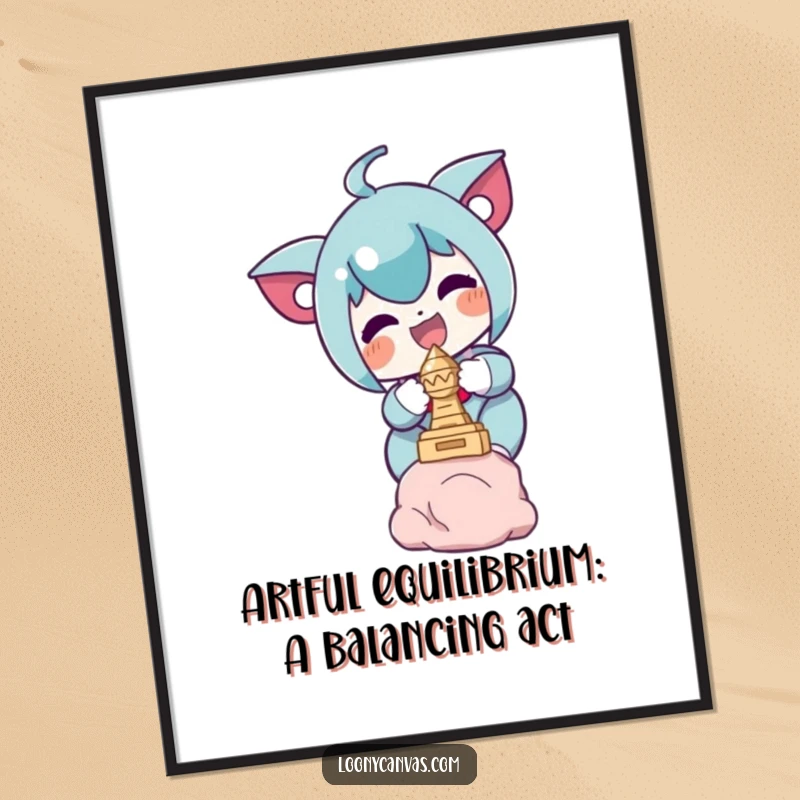 Funny Free Printable Wall Art: Delighted character joyfully balancing a tiny, delicate sculpture, perfect for adding humor to any room, downloadable art.