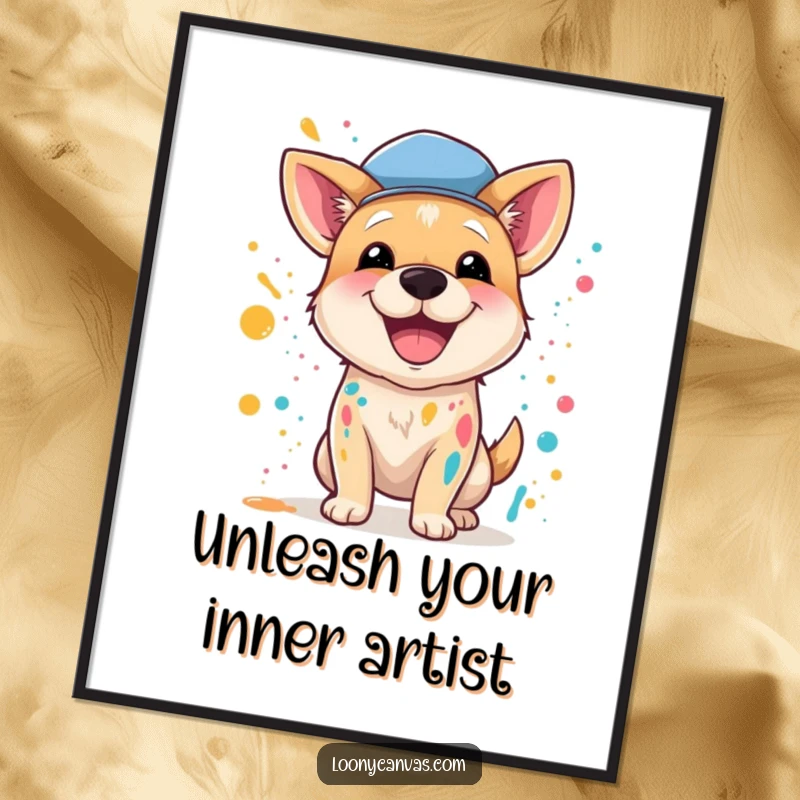 Funny Free Printable Wall Art: A joyful dog in a beret gleefully splatters paint, creating abstract art with wild, energetic strokes.