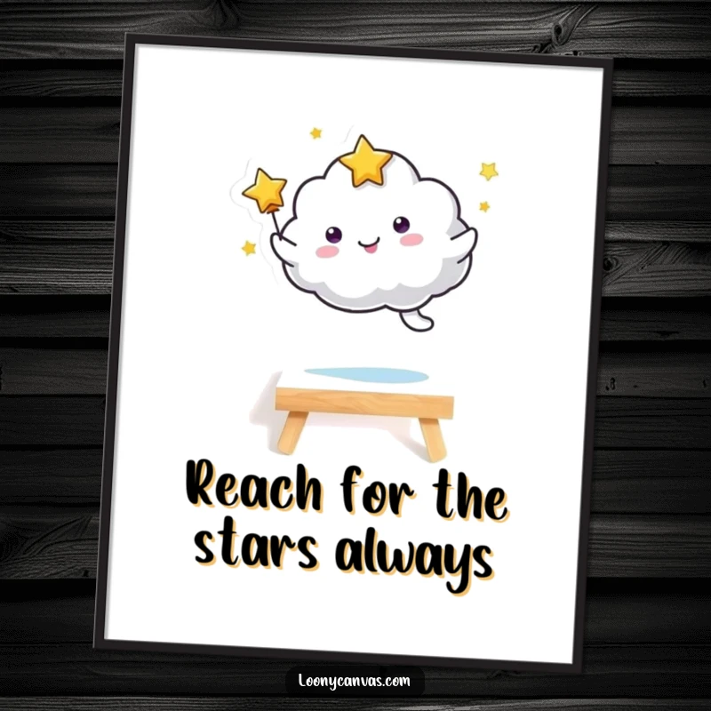 Funny Free Printable Wall Art: Kawaii starry cloud character joyfully leaping over a tiny canvas.