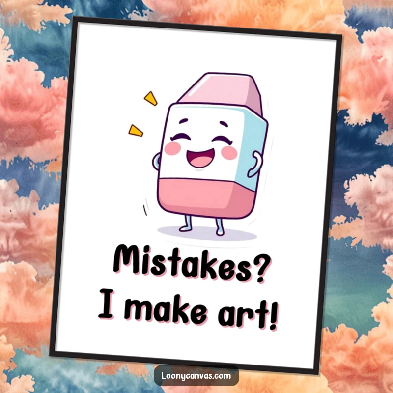 Funny Free Printable Wall Art: Giggling eraser character joyfully removing a comically large drawing, creating a whimsical scene.