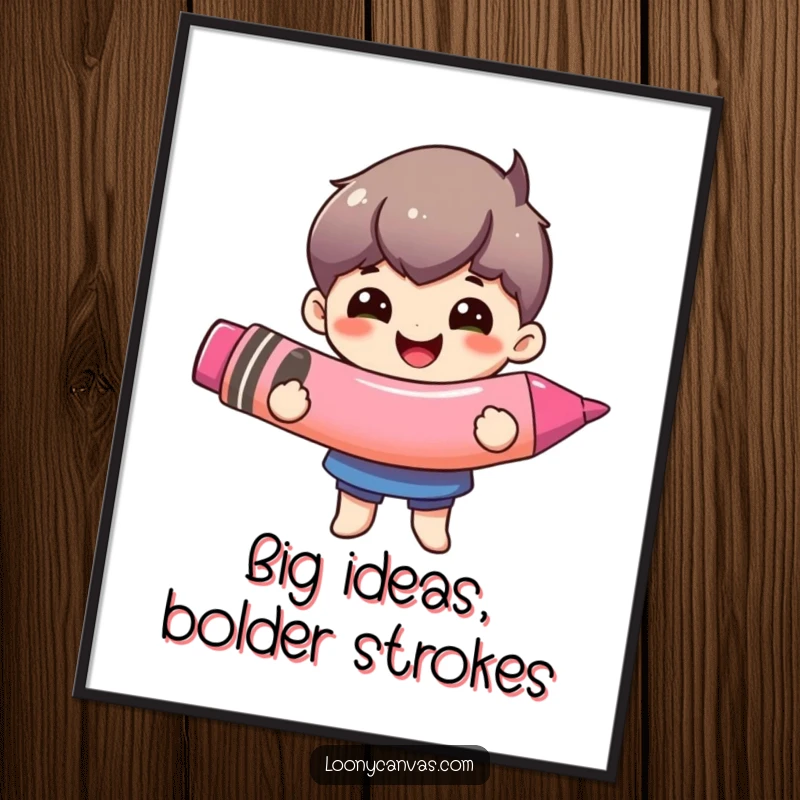 Funny Free Printable Wall Art: A happy character gleefully wielding a comically oversized crayon against a blank canvas.