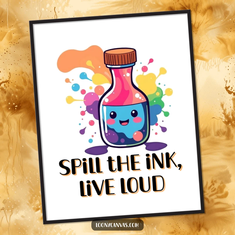 Funny Free Printable Wall Art: Happy ink bottle character spilling a rainbow of abstract patterns, creating vibrant decor.
