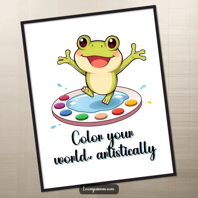 Funny Free Printable Wall Art: A joyful frog artist leaps enthusiastically into a vibrant paint palette, creating colorful splashes.