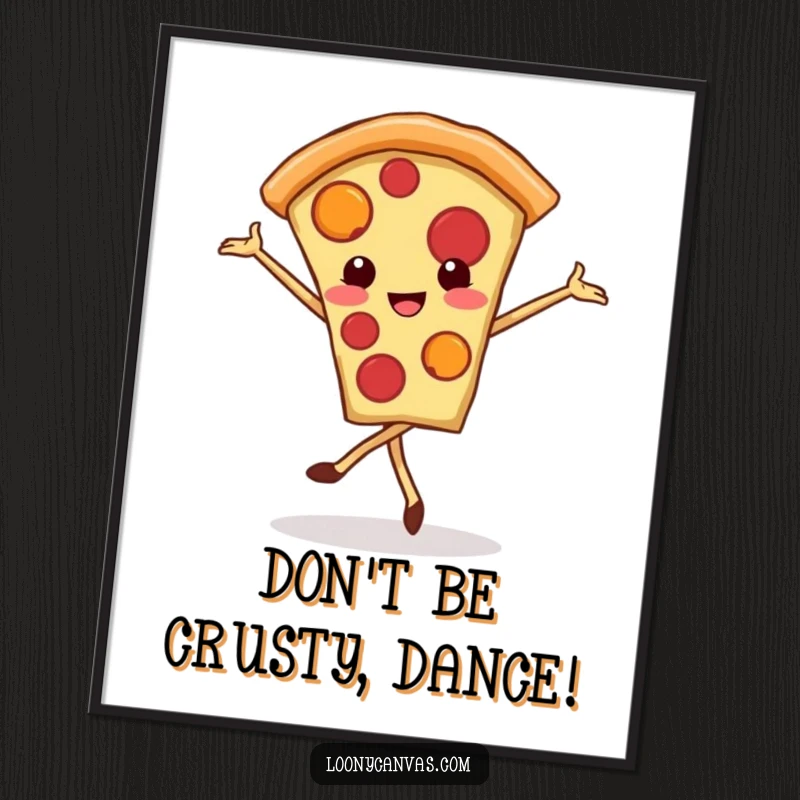 Funny Free Printable Wall Art: Whimsical kawaii pizza slice performing a graceful ballet pirouette with a cheerful smile.