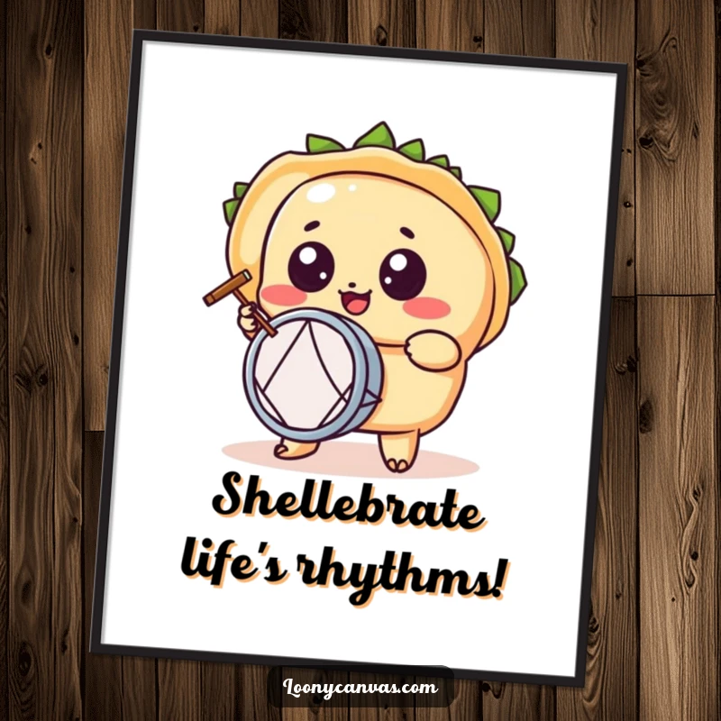 Funny Free Printable Wall Art: Whimsical kawaii taco character with wide eyes, energetically playing a tiny drum.