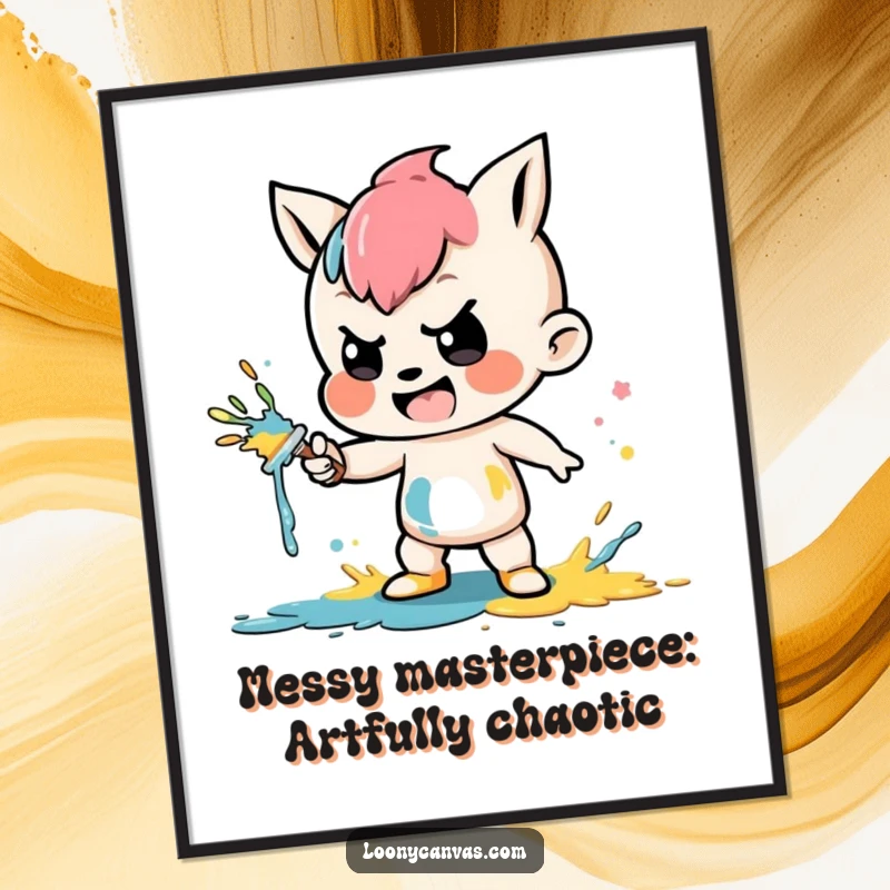 Funny Free Printable Wall Art: Mischievous character playfully creating a colorful paint splatter, abstract art style, vibrant and fun, downloadable.