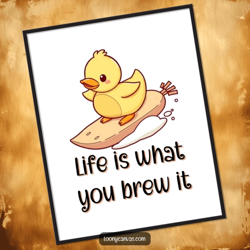 Funny Free Printable Wall Art: A rubber ducky character skillfully surfing a teabag, bringing a wave of humor to any space.