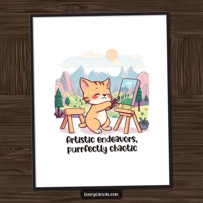 Funny Free Printable Wall Art: Cute cat character frantically painting a bizarre and surreal landscape.