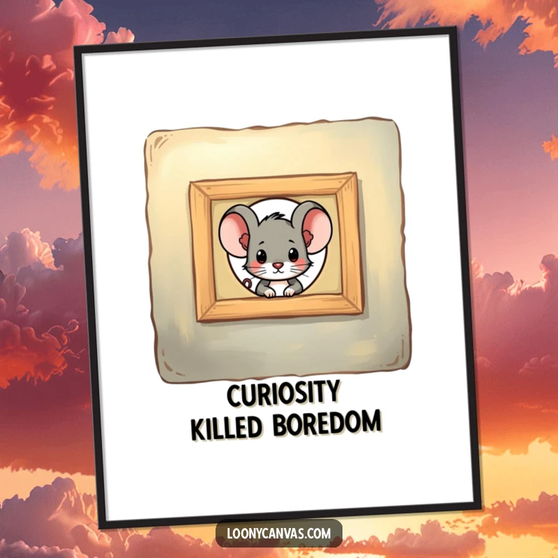 Funny Free Printable Wall Art: A curious mouse peers through a painting keyhole, observing the world with intrigue.