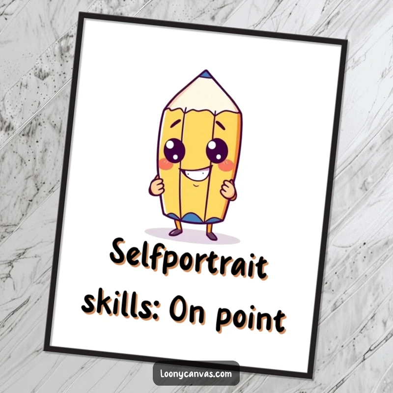 Funny Free Printable Wall Art: A cheeky pencil character with a goofy grin trying to draw its own likeness, looking pleased.