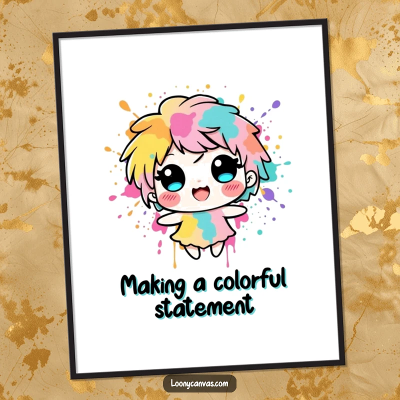 Funny Free Printable Wall Art: A delighted ink blot character splashing enthusiastically with vibrant colors, adding artistic flair.