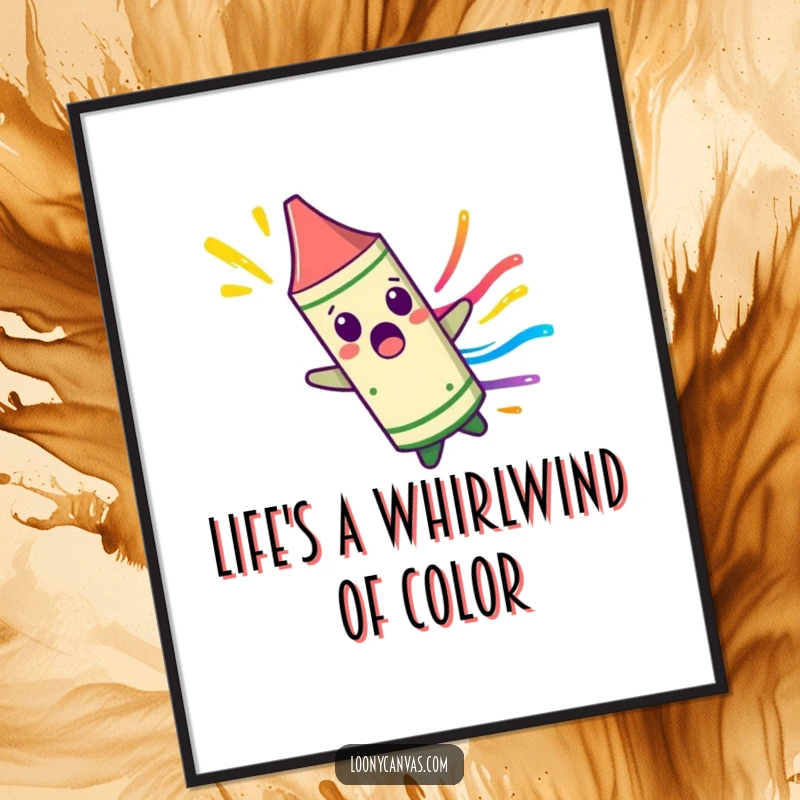 Funny Free Printable Wall Art: Surprised crayon character spinning uncontrollably, leaving a vibrant, dynamic colorful streak across the canvas.