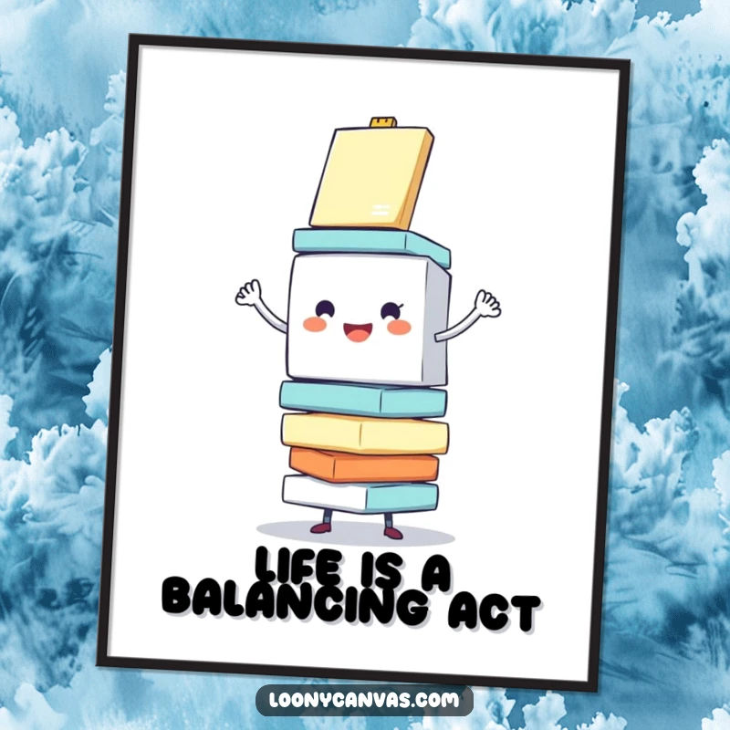 Funny free printable wall art featuring a cheerful cube character enthusiastically balancing a stack of wobbling canvases.