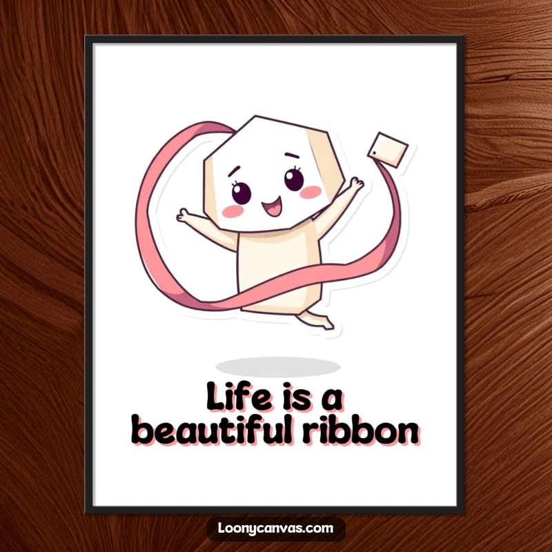 Funny free printable wall art featuring a giddy geometric character happily twirling a long, flowing ribbon.