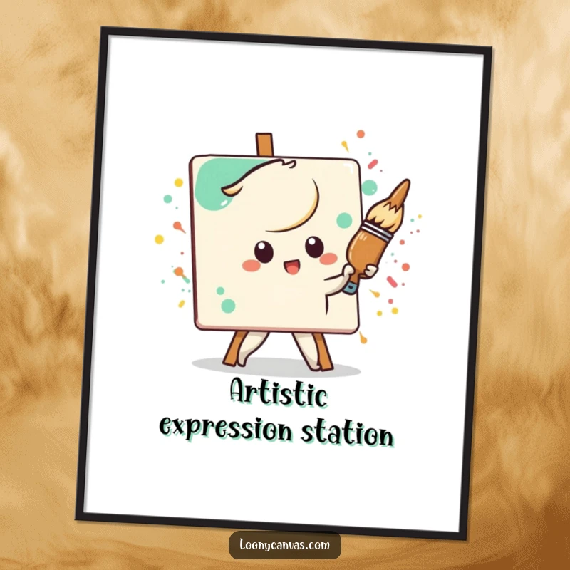 Funny Free Printable Wall Art: A determined Kawaii paintbrush character aggressively paints a very splattered canvas, a bold piece of decor.