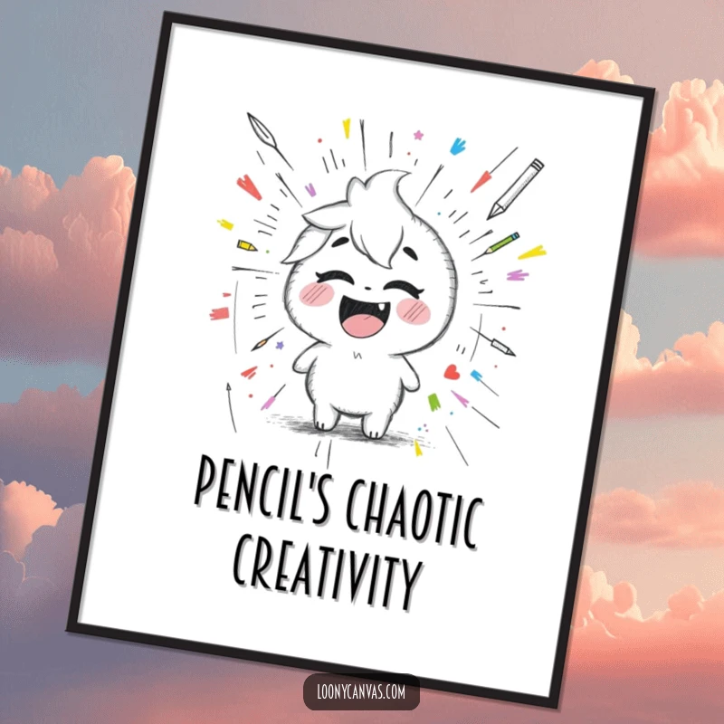 Funny Free Printable Wall Art: A giggling Kawaii pencil character draws a completely chaotic, scribbled masterpiece, a fun piece of decor.