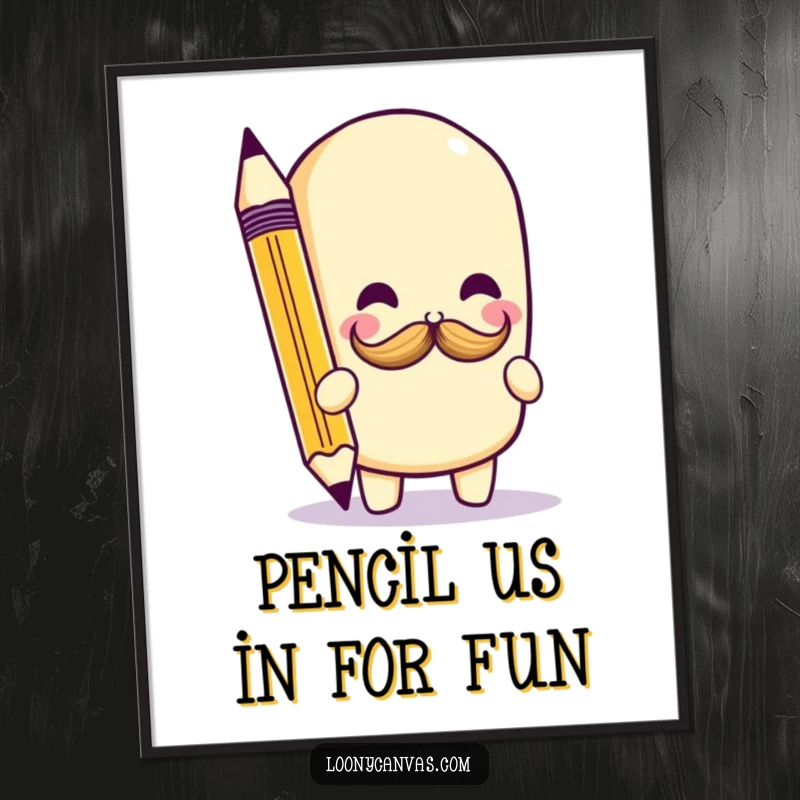 Funny Free Printable Wall Art: Kawaii pencil character playfully draws a tiny mustache, adding quirky charm to downloadable decor.