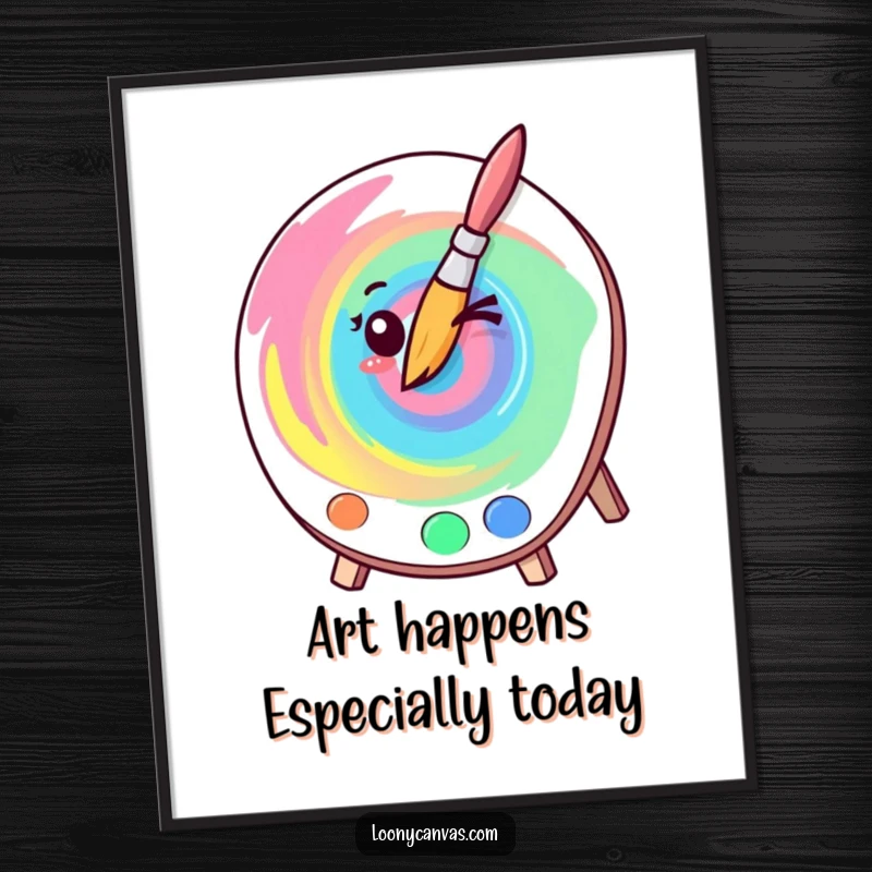 Funny Free Printable Wall Art: A kawaii winking paintbrush artist creating a vibrant, colorful swirl on a palette, ready to hang.
