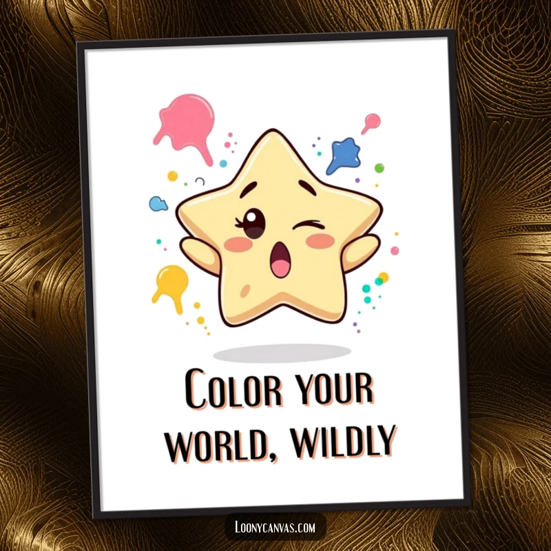 Funny free printable wall art featuring a surprised star character playfully winking while juggling paint splatters.