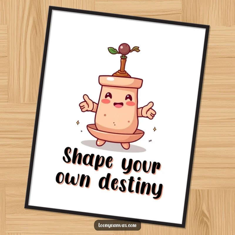 Funny Free Printable Wall Art depicting a spinning clay pot character in the process of transforming itself, a quirky art piece.