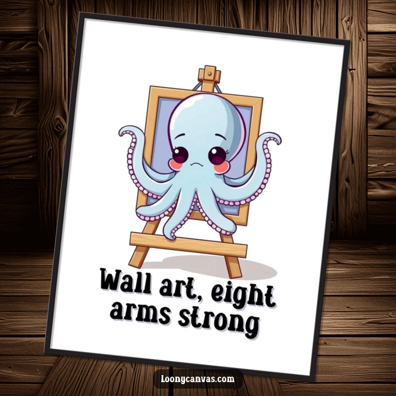 Funny free printable wall art of a goofy octopus using all its arms in a clumsy attempt to hang a painting.