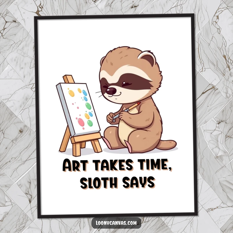 Funny free printable wall art of a playful sloth diligently and very slowly painting on a tiny canvas.