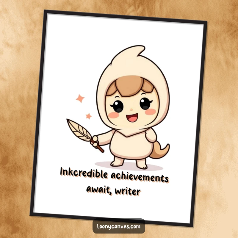 Funny Free Printable Wall Art: Cheerful character holding a quill pen, writing with passion and joy, literary theme, downloadable art.