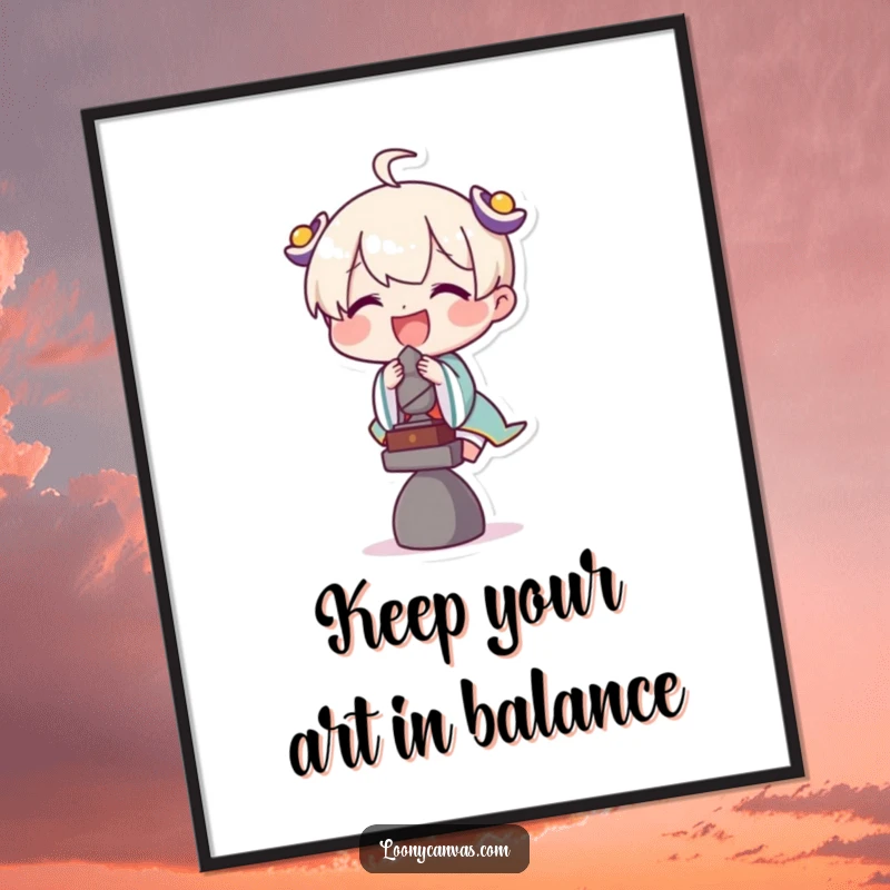 Funny Free Printable Wall Art: Delighted character carefully balancing a tiny, precarious sculpture, a humorous take on focus and skill.